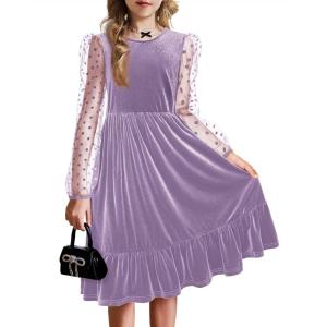 Arshiner Girls Dresses Contrast Mesh Velvet Long Sleeve A-Line Vintage Party Dress with Pockets(Light Purple)