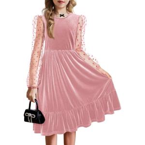 Arshiner Girls Dresses Contrast Mesh Velvet Long Sleeve A-Line Vintage Party Dress with Pockets(Pink)