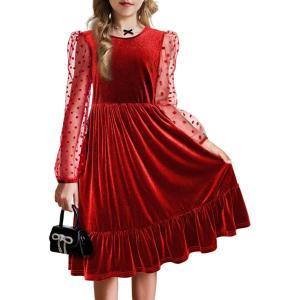 Arshiner Girls Dresses Contrast Mesh Velvet Long Sleeve A-Line Vintage Party Dress with Pockets(Red)