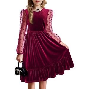 Arshiner Girls Dresses Contrast Mesh Velvet Long Sleeve A-Line Vintage Party Dress with Pockets(Wine Red)