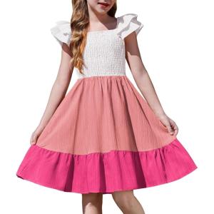Arshiner Girls Dresses Double Pleated Sleeve Square Neck Off Shoulder with Pockets Tween Sundress Size 5-16(Beige Brown)