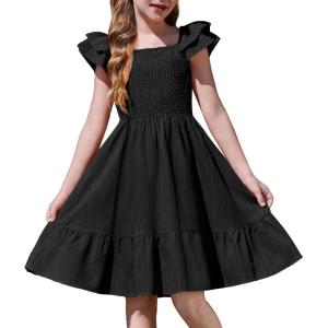 Arshiner Girls Dresses Double Pleated Sleeve Square Neck Off Shoulder with Pockets Tween Sundress Size 5-16(Black)