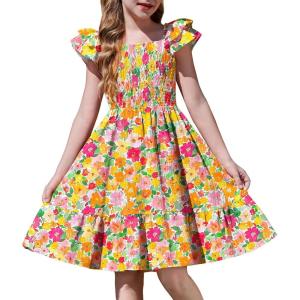 Arshiner Girls Dresses Double Pleated Sleeve Square Neck Off Shoulder with Pockets Tween Sundress Size 5-16(Colorful Floral)