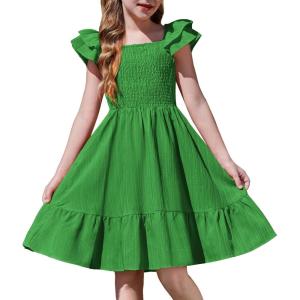 Arshiner Girls Dresses Double Pleated Sleeve Square Neck Off Shoulder with Pockets Tween Sundress Size 5-16(Green)