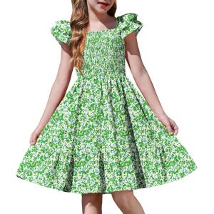 Arshiner Girls Dresses Double Pleated Sleeve Square Neck Off Shoulder with Pockets Tween Sundress Size 5-16(Green Floral)