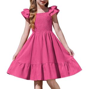 Arshiner Girls Dresses Double Pleated Sleeve Square Neck Off Shoulder with Pockets Tween Sundress Size 5-16(Hot Pink)
