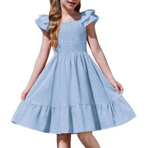 Arshiner Girls Dresses Double Pleated Sleeve Square Neck Off Shoulder with Pockets Tween Sundress Size 5-16(Light Blue)