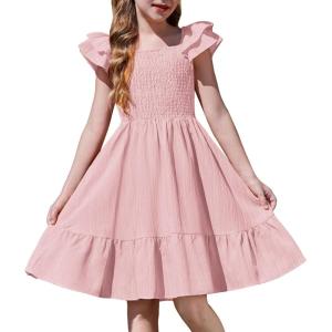 Arshiner Girls Dresses Double Pleated Sleeve Square Neck Off Shoulder with Pockets Tween Sundress Size 5-16(Light Pink)