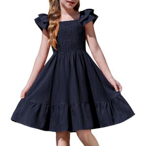 Arshiner Girls Dresses Double Pleated Sleeve Square Neck Off Shoulder with Pockets Tween Sundress Size 5-16(Navy Blue)