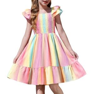 Arshiner Girls Dresses Double Pleated Sleeve Square Neck Off Shoulder with Pockets Tween Sundress Size 5-16(Rainbow)