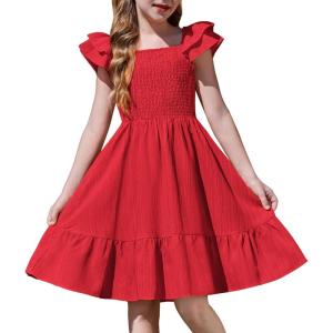Arshiner Girls Dresses Double Pleated Sleeve Square Neck Off Shoulder with Pockets Tween Sundress Size 5-16(Red)