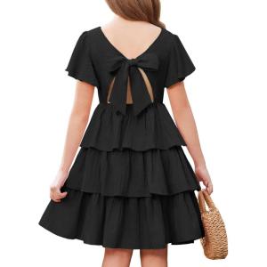 Arshiner Girls Dresses Elegant Ruffle Short Sleeve Back Tie Tiered Dresses(Black)