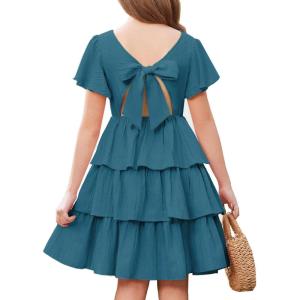 Arshiner Girls Dresses Elegant Ruffle Short Sleeve Back Tie Tiered Dresses(Deep Blue)
