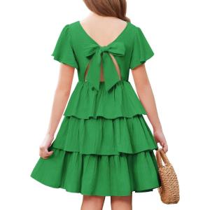 Arshiner Girls Dresses Elegant Ruffle Short Sleeve Back Tie Tiered Dresses(Green)