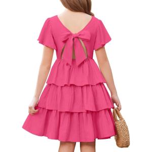 Arshiner Girls Dresses Elegant Ruffle Short Sleeve Back Tie Tiered Dresses(Hot Pink)