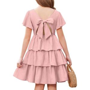 Arshiner Girls Dresses Elegant Ruffle Short Sleeve Back Tie Tiered Dresses(Light Pink)