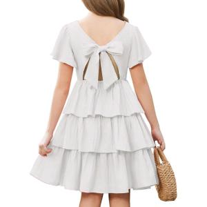 Arshiner Girls Dresses Elegant Ruffle Short Sleeve Back Tie Tiered Dresses(White)