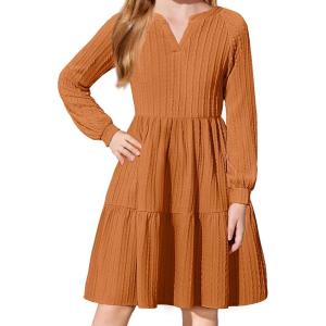 Arshiner Girls Dresses Lantern Long Sleeve Textured Casual Dress with Pockets for 5-12 Years(Burnt Orange)