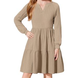 Arshiner Girls Dresses Lantern Long Sleeve Textured Casual Dress with Pockets for 5-12 Years(Khaki)