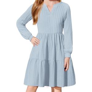 Arshiner Girls Dresses Lantern Long Sleeve Textured Casual Dress with Pockets for 5-12 Years(Light Blue)