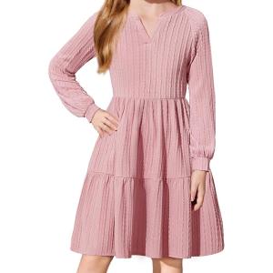 Arshiner Girls Dresses Lantern Long Sleeve Textured Casual Dress with Pockets for 5-12 Years(Pink)