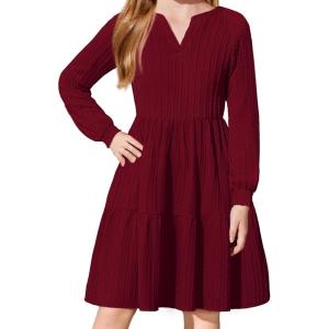 Arshiner Girls Dresses Lantern Long Sleeve Textured Casual Dress with Pockets for 5-12 Years(Wine Red)