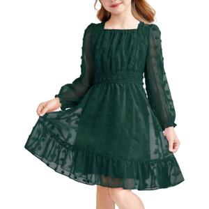 Arshiner Girls Dresses Long Sleeve Square Neck Swiss Dot Flowy Casual Party Dress(Green)