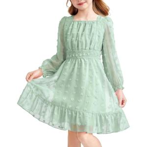 Arshiner Girls Dresses Long Sleeve Square Neck Swiss Dot Flowy Casual Party Dress(Light Green)