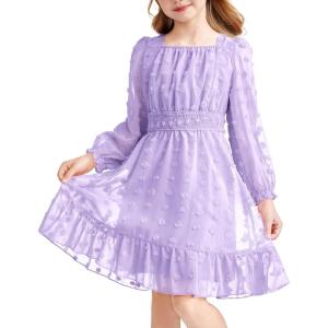 Arshiner Girls Dresses Long Sleeve Square Neck Swiss Dot Flowy Casual Party Dress(Purple)