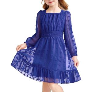 Arshiner Girls Dresses Long Sleeve Square Neck Swiss Dot Flowy Casual Party Dress(Royal Blue)