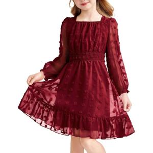 Arshiner Girls Dresses Long Sleeve Square Neck Swiss Dot Flowy Casual Party Dress(Wine Red)