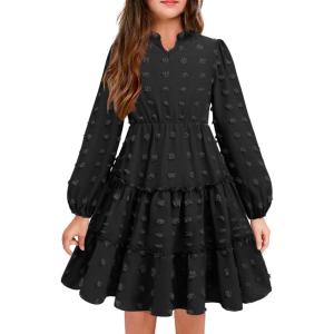 Arshiner Girls Dresses Long Sleeve Swiss Dot V Neck Ruffle Tiered Casual Party Dress(Black-swiss Dot)