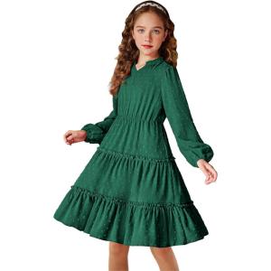 Arshiner Girls Dresses Long Sleeve Swiss Dot V Neck Ruffle Tiered Casual Party Dress(Green)
