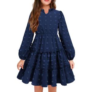 Arshiner Girls Dresses Long Sleeve Swiss Dot V Neck Ruffle Tiered Casual Party Dress(Navy Blue-swiss Dot)