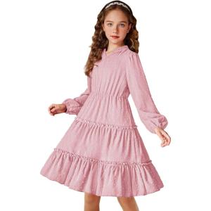 Arshiner Girls Dresses Long Sleeve Swiss Dot V Neck Ruffle Tiered Casual Party Dress(Pink)