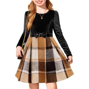 Arshiner Girls Dresses Long Sleeve Velvet Plaid Patchwork Holiday Party Dress with Pockets(Black / Brown Plaid)