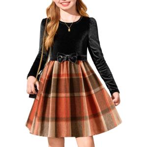 Arshiner Girls Dresses Long Sleeve Velvet Plaid Patchwork Holiday Party Dress with Pockets(Black / Orange Plaid)