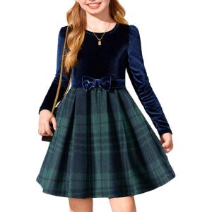 Arshiner Girls Dresses Long Sleeve Velvet Plaid Patchwork Holiday Party Dress with Pockets(Navy Blue Plaid)