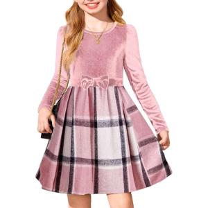 Arshiner Girls Dresses Long Sleeve Velvet Plaid Patchwork Holiday Party Dress with Pockets(Pink Plaid)