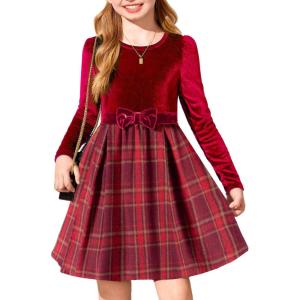 Arshiner Girls Dresses Long Sleeve Velvet Plaid Patchwork Holiday Party Dress with Pockets(Red Plaid)
