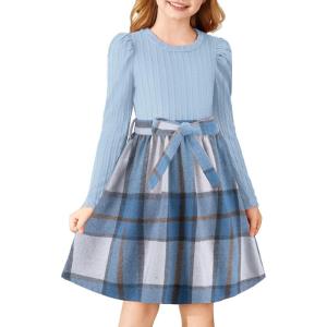 Arshiner Girls Dresses Puff Long Sleeve Rib Knit Plaid Patchwork Belted Holiday Dress with Pockets(Blue Plaid)