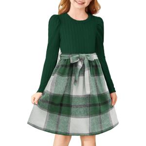 Arshiner Girls Dresses Puff Long Sleeve Rib Knit Plaid Patchwork Belted Holiday Dress with Pockets(Green Plaid)