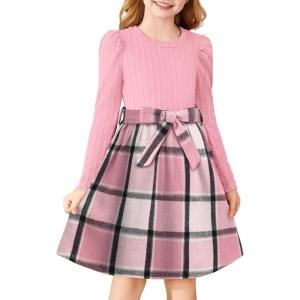 Arshiner Girls Dresses Puff Long Sleeve Rib Knit Plaid Patchwork Belted Holiday Dress with Pockets(Pink Plaid)