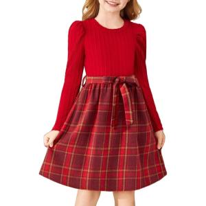 Arshiner Girls Dresses Puff Long Sleeve Rib Knit Plaid Patchwork Belted Holiday Dress with Pockets(Red Plaid)