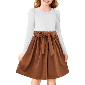 Arshiner Girls Dresses Puff Long Sleeve Rib Knit Plaid Patchwork Belted Holiday Dress with Pockets(White / Brown Corduroy)