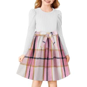 Arshiner Girls Dresses Puff Long Sleeve Rib Knit Plaid Patchwork Belted Holiday Dress with Pockets(White / Pink Plaid)