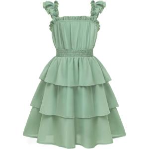 Arshiner Girls Dresses Ruffle Flutter Sleeve Summer Floral Tiered Casual Party Dress for 6-14 Y(Light Green)