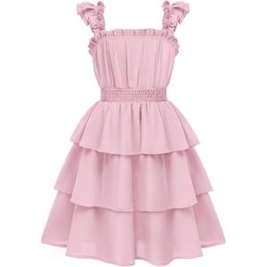 Arshiner Girls Dresses Ruffle Flutter Sleeve Summer Floral Tiered Casual Party Dress for 6-14 Y(Light Pink)