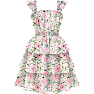 Arshiner Girls Dresses Ruffle Flutter Sleeve Summer Floral Tiered Casual Party Dress for 6-14 Y(Pink Floral)
