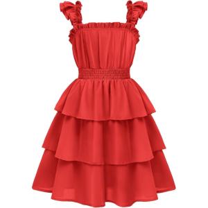Arshiner Girls Dresses Ruffle Flutter Sleeve Summer Floral Tiered Casual Party Dress for 6-14 Y(Red)